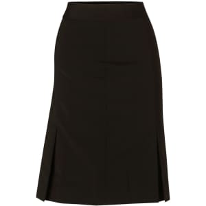 A black pleated skirt made from wool stretch fabric, featuring a straight silhouette and a back slit.