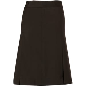 A dark brown pleated wool stretch skirt with a fitted waistband and a straight cut. It features a logo.