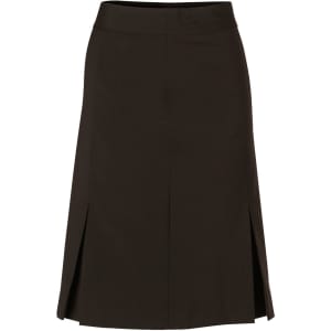 A women's pleated skirt in dark brown wool stretch, featuring a simple design and a hidden logo.