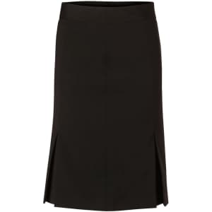 A black pleated skirt made from wool stretch fabric, featuring front slits and a sleek, tailored design.