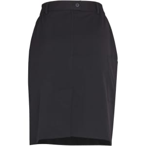 A black utility cargo skirt featuring front pockets and a waistband with a button closure.