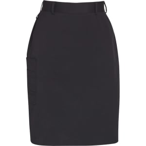 A black ladies' utility cargo skirt featuring pockets and a sleek design. The garment includes a belt for adjustment.