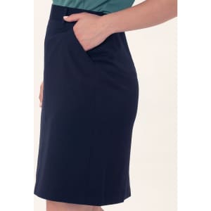 A navy utility cargo skirt with side pockets, featuring a tailored fit and sleek design. It has a subtle logo.