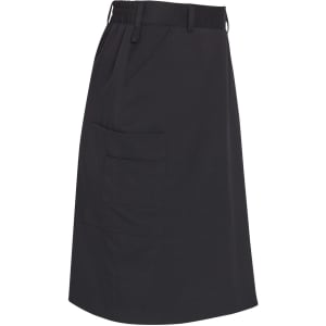 A black utility cargo skirt featuring an elastic waistband and side pockets, with a simple design and a branding logo.