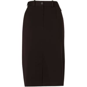 A women's A-line utility skirt in dark brown, featuring a waistband and pockets, made from poly/viscose stretch twill.