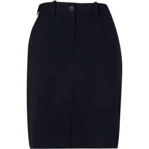 A black utility skirt featuring a fitted design, button closure, and pockets, with a logo on the waistband.