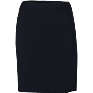 A black ladies' utility skirt with a sleek, tailored design and a waistband. It features a logo on the garment.