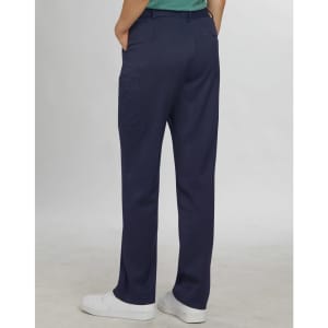 Navy cargo pants with side pockets, featuring a sleek design and tailored fit, paired with white shoes.