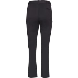 Black women's utility cargo pants with pockets, featuring a straight leg design and a logo.