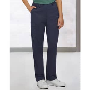 Navy ladies' utility cargo pants with side pockets, worn with a green top and white shoes. The image includes branding.