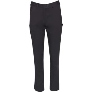 Ladies' utility cargo pants in black with multiple pockets and a fitted design, featuring a logo on the waistband.