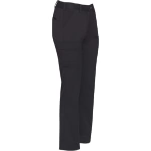 Utility cargo pants in black, featuring multiple pockets and a straight leg design. Includes a logo on the fabric.