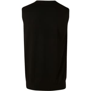 A black men's 100% Merino wool V-neck vest displayed from the back, featuring a simple design and no sleeves.