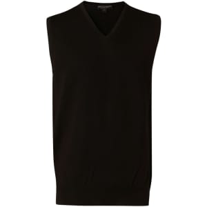 A black men's 100% Merino wool V-neck vest with a fitted design and a logo on the label.