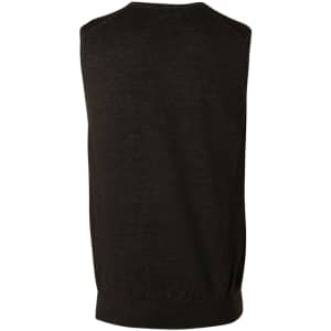 A black men's 100% Merino wool V-neck vest with a ribbed hem and no sleeves. Features branding on the back.