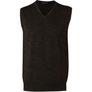 A dark-coloured, sleeveless V-neck vest made from 100% Merino wool, featuring a ribbed hem and a small logo.