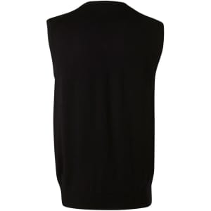 A black men's 100% Merino wool V-neck vest, featuring a sleeveless design and a fitted bottom.