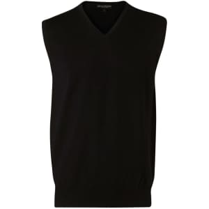 A black Men's 100% Merino Wool V Neck Vest with a ribbed hem and no sleeves, featuring a logo at the neckline.
