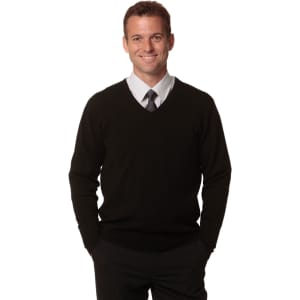 A black men's 100% Merino wool V-neck long sleeve sweater, styled with a shirt and tie.