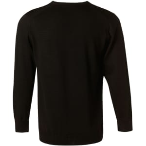 A black men's long-sleeve V-neck sweater made from 100% Merino wool, featuring a simple back design and a logo.