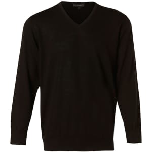 A black men's 100% Merino wool V-neck long sleeve sweater. It features a simple design and has a logo.