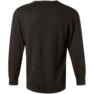 A dark grey men's 100% Merino wool V-neck long-sleeve sweater, featuring a simple design and fitted sleeves.