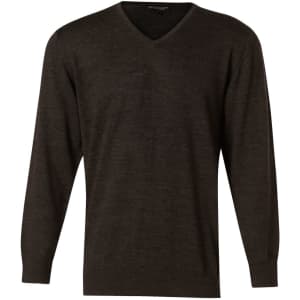 A dark charcoal V-neck long sleeve sweater made from 100% Merino wool, featuring fitted cuffs and a logo.