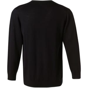 A black men's 100% Merino wool V-neck long sleeve sweater, featuring a simple design and fitted silhouette.