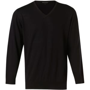 A black men's 100% Merino wool V-neck long-sleeve sweater with a fitted design and ribbed cuffs. It features a logo.