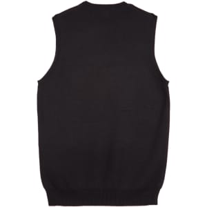 A black women's V-neck vest with a sleeveless design and a ribbed hem, featuring a logo.