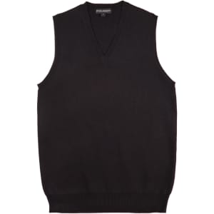 A black women's V-neck vest featuring a ribbed hem and a classic sleeveless design, with a logo at the neckline.