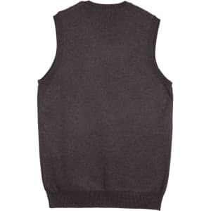 A dark grey women's V-neck vest with sleeveless design and ribbed detailing at the hem. It features a logo.