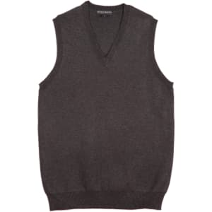 A dark grey women's V-neck vest with no sleeves, featuring a ribbed neckline and hem. It includes a brand logo.