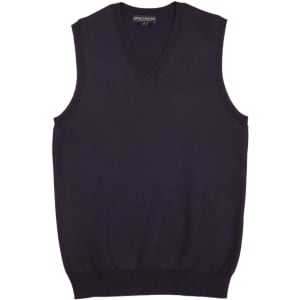 A navy women's V-neck vest with a ribbed hem and armholes. It features a branding label at the neck.