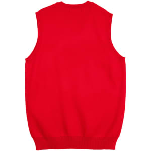 A red women's v-neck vest with a sleeveless design and ribbed hem, featuring a logo.