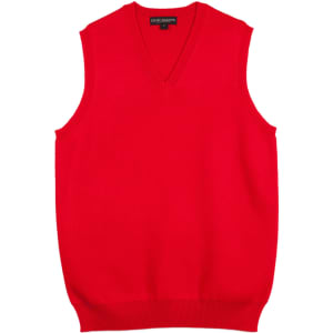 A red women's v-neck vest featuring a classic sleeveless design, with a fitted hem and no branding visible.