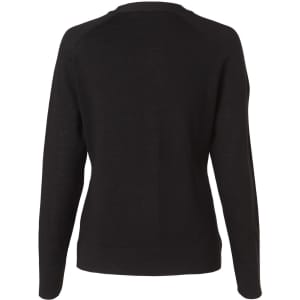 A black women's 100% merino wool long sleeve cardigan, featuring a simple back design and fitted sleeves.