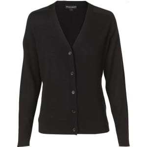 A black women's 100% Merino wool long sleeve cardigan with a v-neck and button closure, featuring a subtle logo.