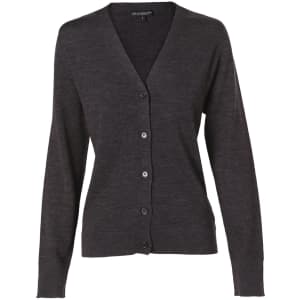 A women's long-sleeve cardigan in dark grey made from 100% merino wool, featuring a button-down front and a V-neck.