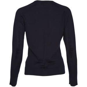 A women's long-sleeve cardigan in dark navy, made from 100% merino wool, featuring ribbed cuffs and hem.