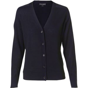 A women's black 100% Merino wool long-sleeve cardigan with a button front and v-neck design. It features a logo.