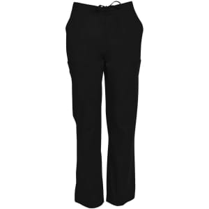 Men's solid black scrub pants with two side pockets and a tie waistband, featuring a logo on the back.