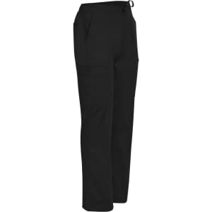 Black men's solid colour scrub pants with multiple pockets and an adjustable waistband. Features a brand logo.