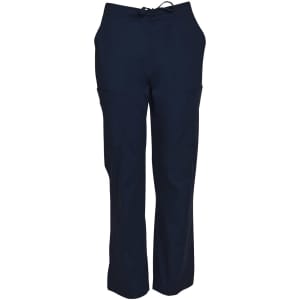 Men's solid colour scrub pants in navy blue with pockets and a drawstring waistband. Features a logo.