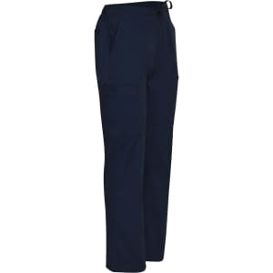 Men's solid navy scrub pants with pockets and a drawstring waistband, featuring a logo.