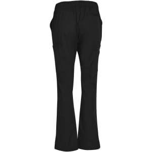 Black ladies' scrub pants featuring a relaxed fit and multiple pockets, with an elastic waistband and a logo.