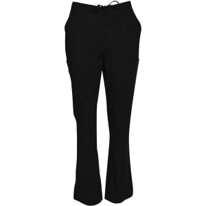 Black ladies' solid colour scrub pants with pockets and a drawstring waist. Features a logo on the fabric.