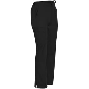 Black solid colour scrub pants with pockets and a drawstring waist. The pants have a logo on them.