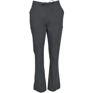 Ladies' solid colour scrub pants in dark grey, featuring a waistband tie and side pockets. Includes branding.