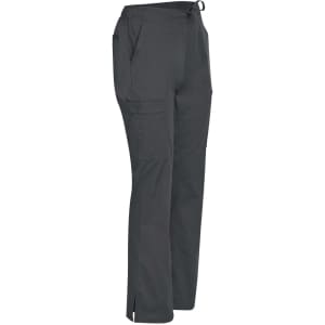 Ladies' solid colour scrub pants in dark grey, featuring pockets and an adjustable waistband. Includes a brand logo.